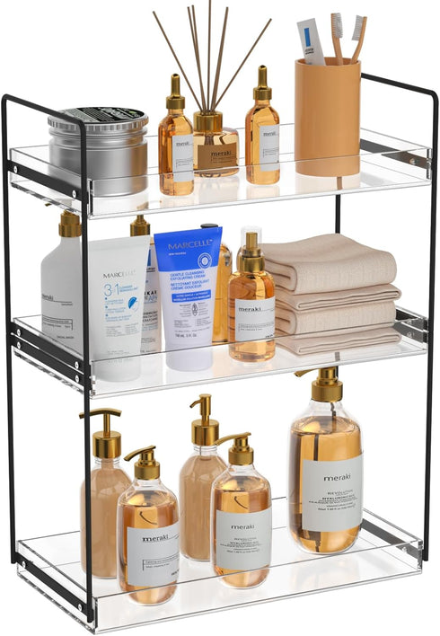 NPPLUS Bathroom Countertop Organizer, 3 Tier Metal Vanity Shelf, Matte Black Under Sink with Acrylic Tray for Makeup