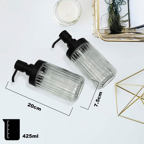 Ribbed Hand Glass Soap Dispenser Set of 2 for Bathroom Countertop & Kitchen Sink Decor, Easy Refill Wide-Mouthed Glass Soap Bottles with Matte Black Pump for Liquid Dish Soap-14.3 oz by Suanti