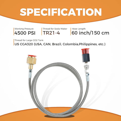 Soda Machine Co2 Adapter, CGA320 to tr21-4 Direct Adapter with 60 Inch High Pressure Stainless Steel Hose
