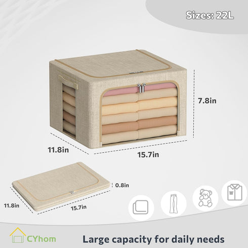 Clothes Storage Bins Box - Foldable Stackable Linen Fabric Organizer Set with Clear Window & Carry Handles - 2 Pack for