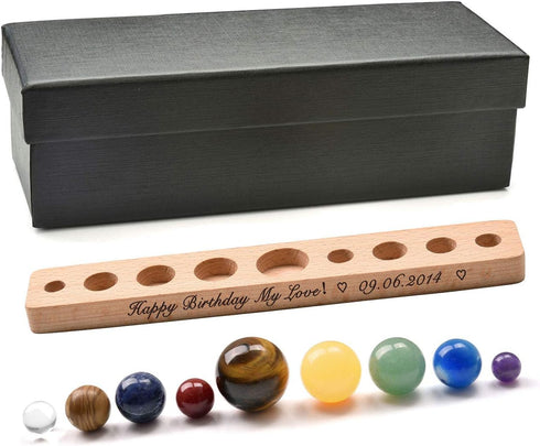 Personalized Master Free Engraving Custom Solar System 9 Planets Natural Gemstones Sphere with Wooden Stand