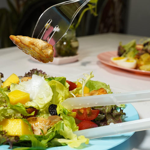 Plastic Serving Utensils, 9" Clear Disposable Utensils 18 Pack, Includes Serving Tongs, Spoons, and Forks
