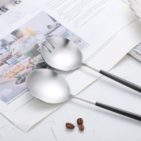 Salad Servers Spoon and Fork Set, 11.41 inch, 18/10 Stainless Steel with Titanium Plating (Black Silver)