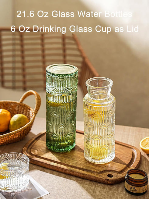 FQDGTFA 4-Piece Set 21.6 Oz 6 Oz Counter, Set Bedside Water Carafe and Glass, Glass Pitcher with Drinking Cup Lid