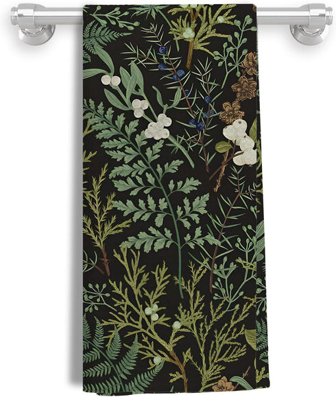 Vintage Botanical Kitchen Towels, Dark Green Fern Leaf Herbs Dish Towels, Olive Green Hand Towels, 16x24 Inches