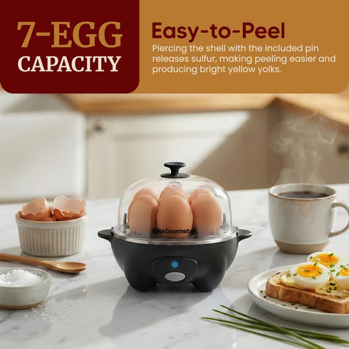 EGC-007B# 7 16-Recipe Elite Gourmet Rapid Egg Cooker, Easy-To-Peel, Hard, Medium, Soft Boiled Eggs, Poacher, Omelet