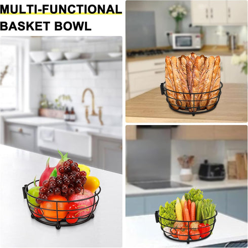 Countertop Fruit Basket Bowl with Banana Hanger, Modern Storage for Fruits and Vegetables, Round Metal, Black