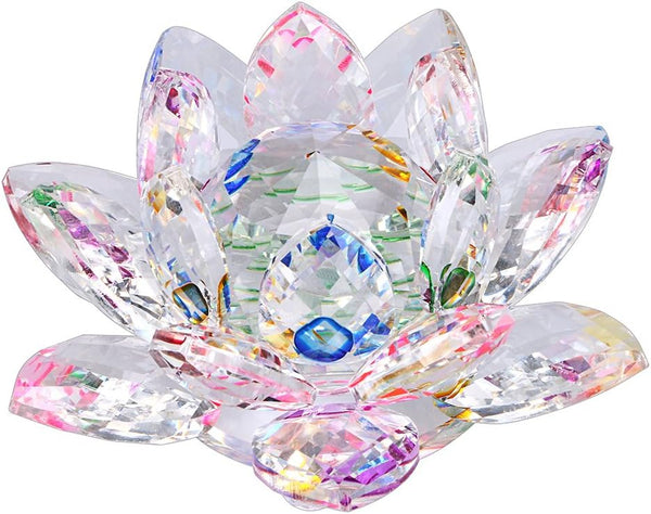 OwnMy Sparkle Crystal Lotus Flower Hue Reflection Feng Shui Home Decor with Gift Box (4 Inch/100MM Rainbow)