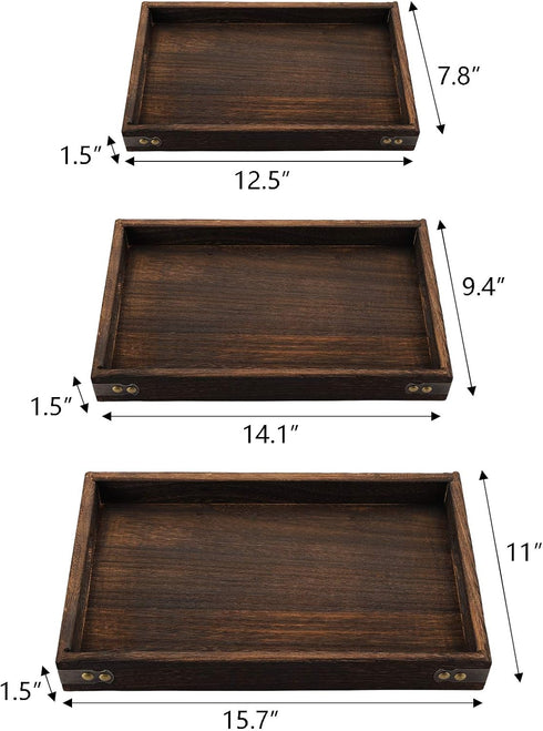 3 Pack 3 TOPZEA Wood Serving Tray with Handle, Farmhouse Wooden Coffee Table Trays Decorative Breakfast Tray for Bed