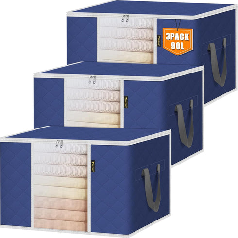 BALEINE 3 Pack Clothes Storage Bags, 24 Gallon Containers with Reinforced Handle, Sturdy Zipper for Blanket, Comforter,