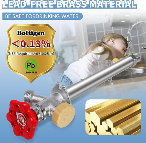 10inch 1/2" 3/4'' Boltigen Anti-Siphon Frost Free Sillcock, No Lead Brass Frost Proof Outdoor Water Faucet, Push-to-Fit