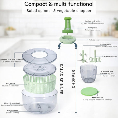 6.3-Quart 0.95-Quart Brieftons Salad Spinner and Chopper: Large Lettuce Greens Vegetable Washer Dryer, with Bonus