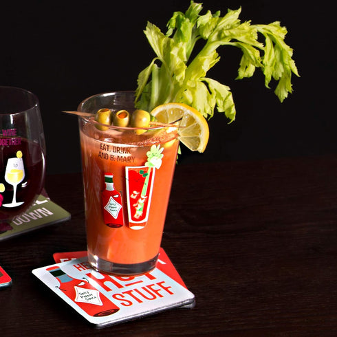 Pavilion - Bloody Mary Coaster Set, 4 Piece Sentiment, Pattern and Character with Box Holder - 4 Inch