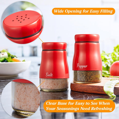 Bivvclaz Red Salt and Pepper Shakers Set, 5 oz Dispenser with Glass Bottom, Cute Kitchen Decor and Accessories