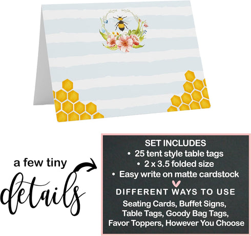 Bee Table Place Cards, 25 Pack Blank Buffet Signs for Baby Showers, Weddings, Bridal Shower Banquets, Bumblebee Favor