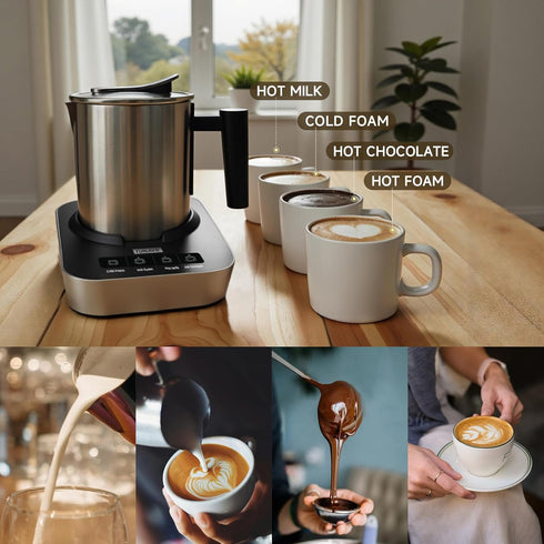 FUNLAVIE 4-in-1 400ml(13.5oz) Electric Milk Frother and Steamer, Stainless Steel Pitcher with Auto Shut-Off, Hot & Cold