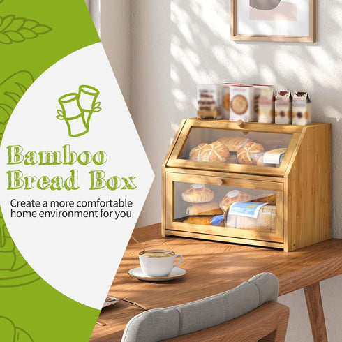 Countertop BMOSU Farmhouse Bread Box for Kitchen Bread box Double Layer Bamboo Wooden Extra Large Capacity Bin Kitchen