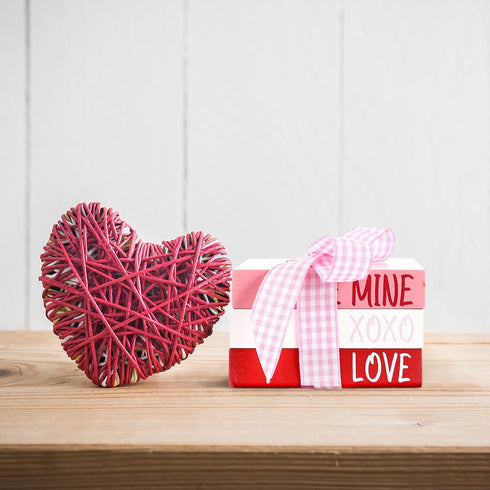 3 Blulu Valentine's Day Decorative Mini Wooden Books Pieces Wood Faux Books Entryway Decor Wooden Stacked Books Rustic