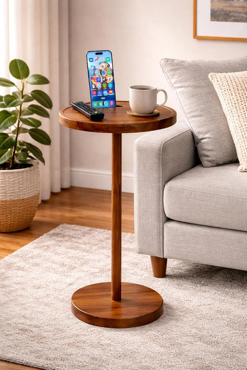 Lunani OUR PASSION 24 2 Drink Table for Small Spaces Pedestal Side Table with Stable Base, Phone Holder & Coasters