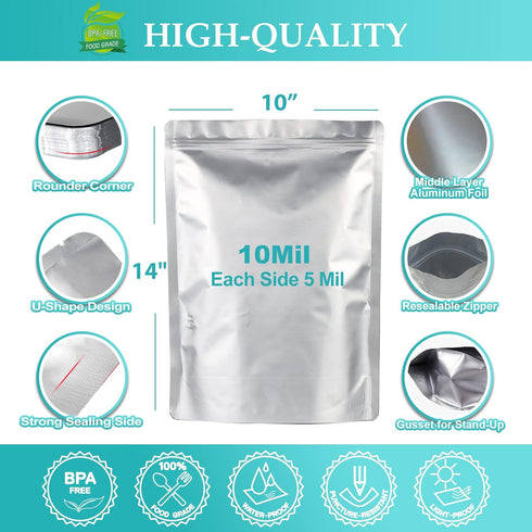 50pcs 1 10 10"x14" Storage(10"x14", Gallon Mylar Bags for Food Storage, Mil Stand-Up Zipper Pouches Resealable and Heat