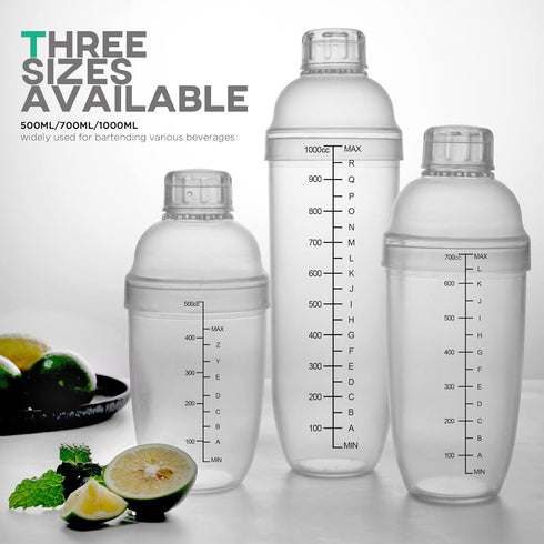 Homestia Plastic Cocktail Shaker with Measuring Jigger Set - 1000cc / 33 oz Clear Plastic Bottle Boba Tea Shaker Cup