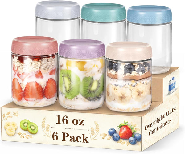 SECLENT 6 Pack Overnight Oats Containers with Lids, 16oz Wide Mouth Mason Jars,