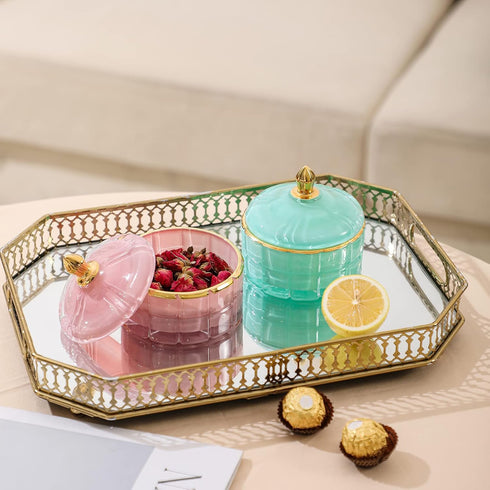 7 oz Pink Glass Jewelry Jar Cube - Facets Candy Storage Sugar Bowl with Lid for Kitchen Bath Gift Organizer