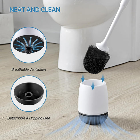 Toilet Brush and Holder Set for Deep Cleaning, Stiff Plastic Bristle, Ventilated Holder (Black Head)