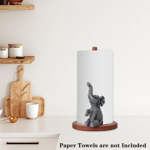 Countertop Home,4 Elephant Paper Towel Holder,Natural Animal Kitchen Decorative,Cute African Elephant Wooden Stand Anti
