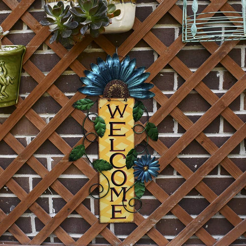 Welcome Sign for Front Door Decor Hanging Sign, Metal Flower Welcome Door Sign Wall Art Decor Hanging for Indoor Outdoor Patio Garden Yard Sign Porch Decoration 15.25X8.5In (C)