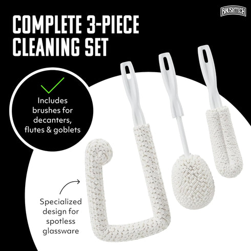 Brushtech 3-Piece Sommeliers Washing Kit - USA Made Glass Cleaning Brushes with Tapered Foam Heads for Decanters