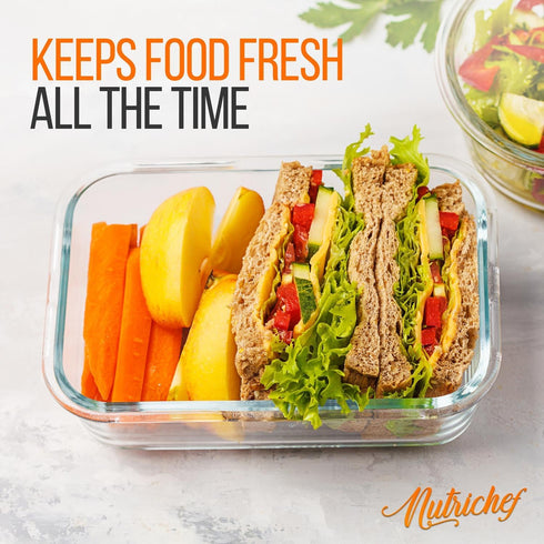 NutriChef 5-Piece 30 oz Reusable Glass Meal Prep Containers, Stackable Kitchen Storage with Locking Lids