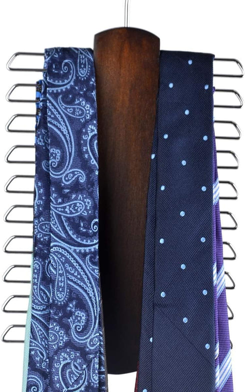 Umo Lorenzo Premium Wooden Necktie and Belt Hanger - Walnut Wood Organizer with 20 Hooks, Non-Slip Finish
