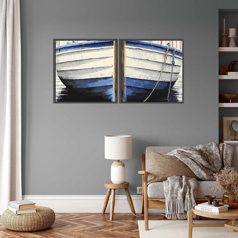 Nautical Wall Art, Wooden Boat Wall Decor, Blue White Rustic Boat Painting Canvas Print for Beach House, Unframed