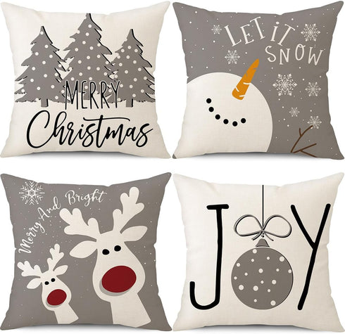 PSDWETS Christmas Pillow Covers, 18x18 Set of 4, Winter Holiday Decor, Snowman Deer Christmas Tree Throw Cushion Case