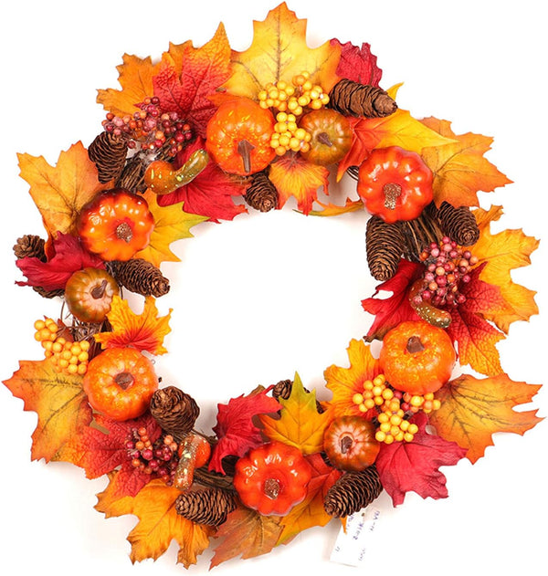 Lighted Fall Harvest Thanksgiving Wreath with Maple Leaf - 12 Inches, Front Door Wall Decor