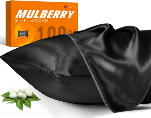 100% Mulberry Silk Pillowcase, 22 Momme Pure Natural Silk, Both Sided with Zipper, Standard Size (Black, 20'' 26'')