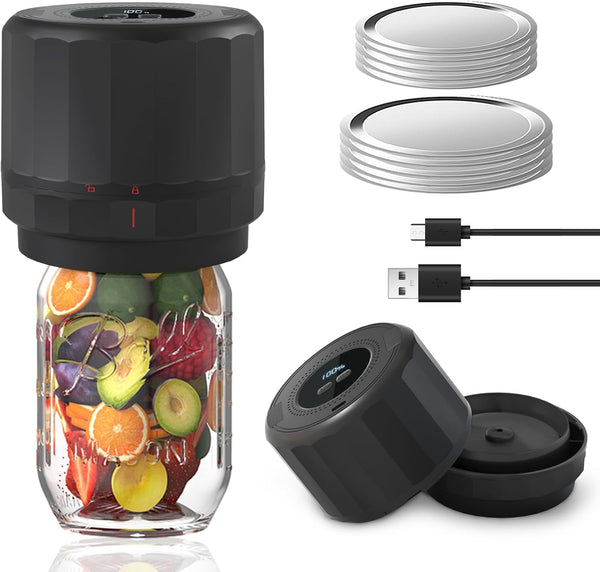 Electric Mason Jar Vacuum Sealer Kit with Wide Regular Mouth Mason Lids for Food Storage - Black