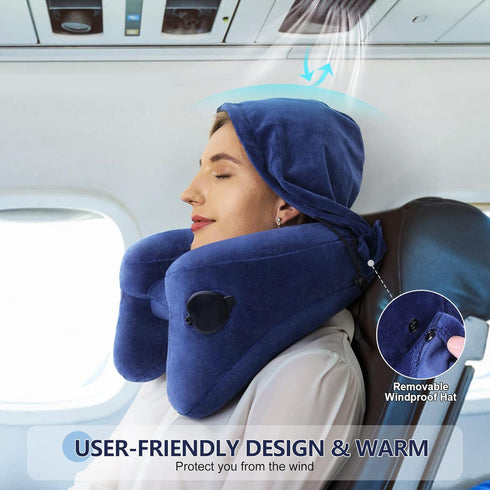 Sunany Neck Pillow for Travel - Inflatable Airplane Pillow with Soft Velour Cover and Portable Drawstring Bag (Blue)