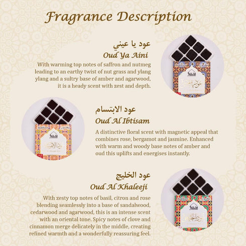 Oud Ya Aini, Oud Al Khaleeji, Oud Al Ibtisam Bakhoor by Dukhni, 3 x 9 Piece Each, Assorted Arabic Bakhoor Incense for