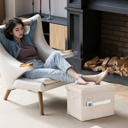 17x17x13 Inches, Bsketa Storage Ottoman Foot Rest, Folding Linen Cotton Ottoman with Storage with Side Pockets