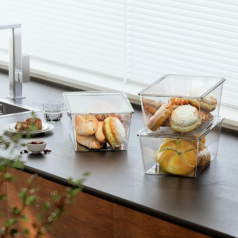 4 Pack Countertop, Hudgan Bread Box for Kitchen Bread Storage Container with Lid for Bagel, Donut and Cookies, Clear