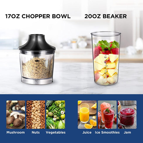 COMFEE' Immersion Hand Blender – Brushed Stainless Steel, 500 Watts, with Beaker, Chopper, Whisk for Smoothies and