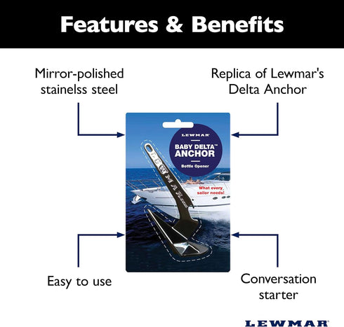 Lewmar Baby Delta Anchor Bottle Opener, 5-1/4" L x 2" W x 1-1/2" H, Mirror-Polished Stainless Steel