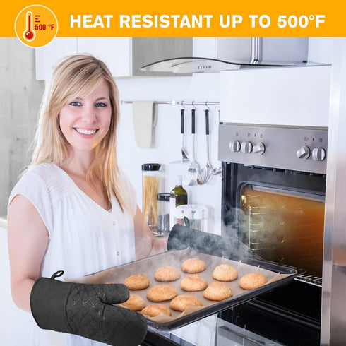 IXO 6Pcs Oven Mitts and Pot Holders, 500? Heat Resistant Oven Mitts with Kitchen Towels Soft Cotton Lining and Non-Slip Silicone Surface Safe for Baking, Cooking, BBQ (Black) by IXO