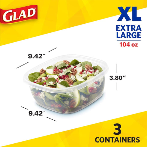 GladWare Family Size Food Storage Containers, XL Large Square Containers Hold Up to 104 Ounces, Set of 3