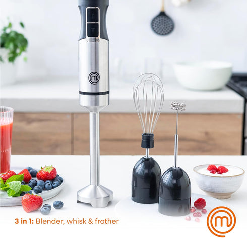 MasterChef Immersion Blender Handheld with Electric Whisk & Milk Frother Attachments, Stainless Steel Stick Emulsifier