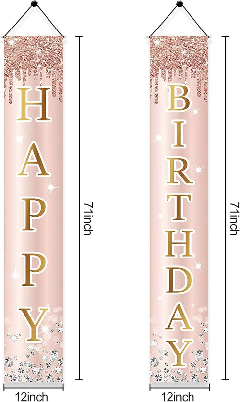 Pink Rose Gold Happy Birthday Door Banner Decorations, Birthday Party Porch Sign Supplies for Women Girls, Sweet 16th