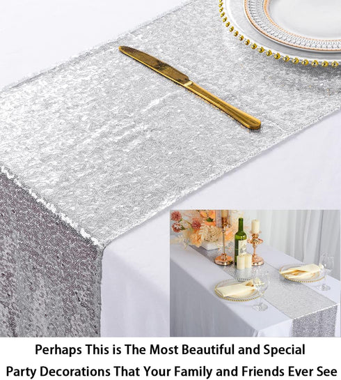 ShinyBeauty Silver Sequin Tassel Dresser Scarves or Table Runner, 12x72 Inch Elegant Wedding Event Decoration