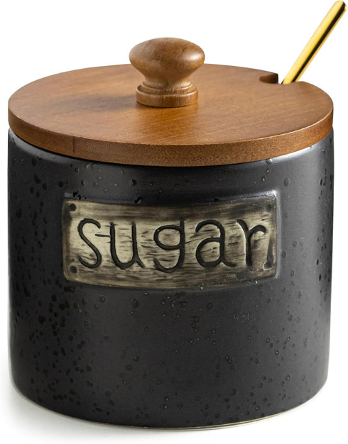 LYEOBOH Black Sugar Bowl with Lid and Spoon, 15 Oz Farmhouse Sugar